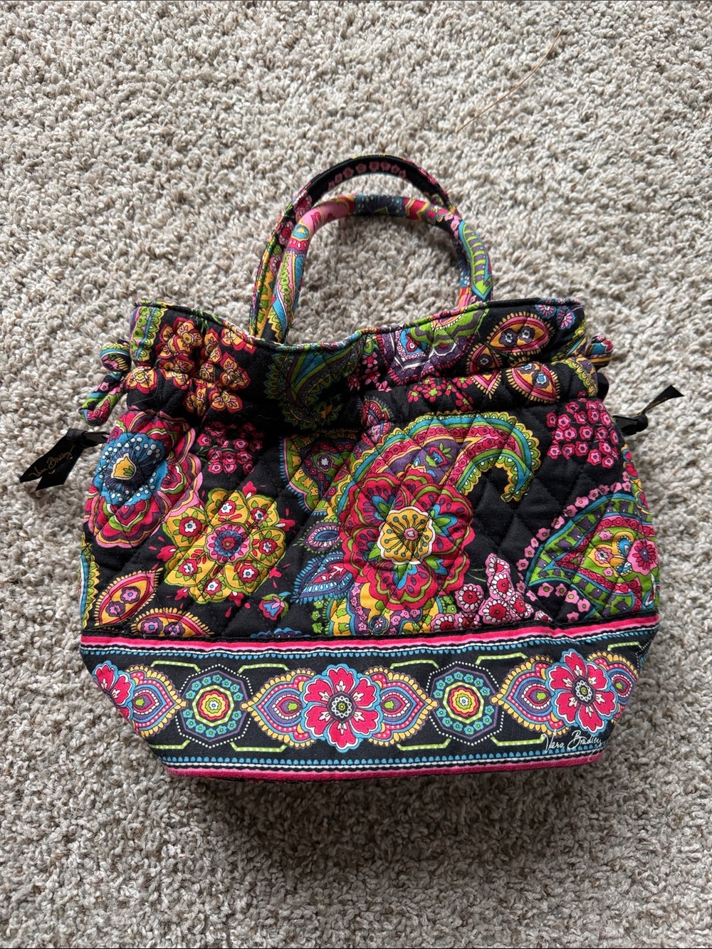 Vera Bradley Black Quilted Tote with Bright Floral Paisley Print